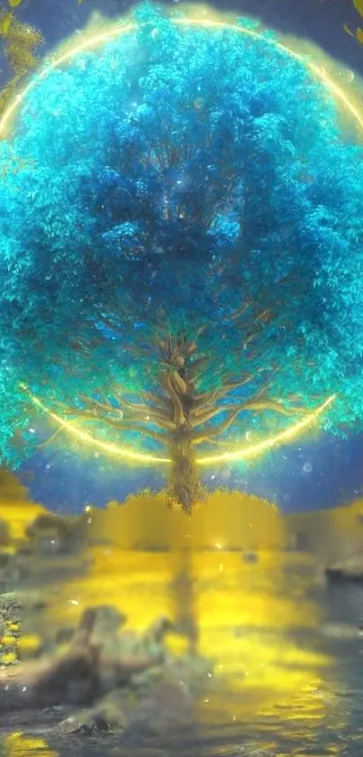 Enchanted blue-green tree with glowing aura on a mobile wallpaper.