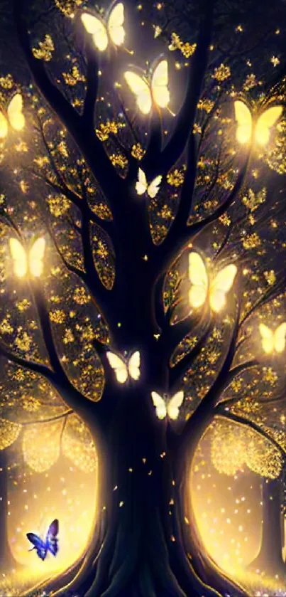 Magical tree with glowing butterflies in a luminous forest setting.