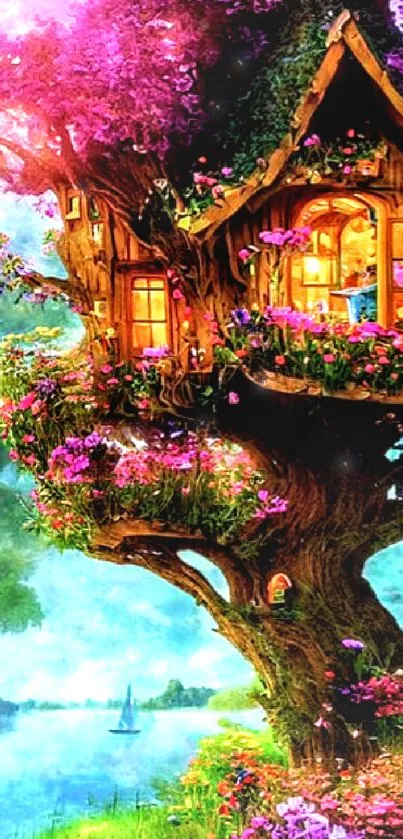 Enchanted treehouse with glowing windows in a vibrant, colorful fantasy landscape.