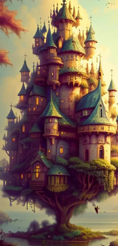 Enchanted treehouse fantasy art with a magical castle and vibrant colors.