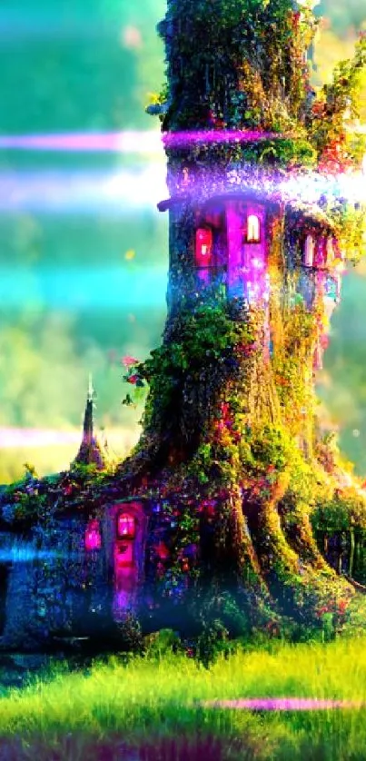 Magical treehouse in an enchanted forest with vibrant colors and whimsical atmosphere.