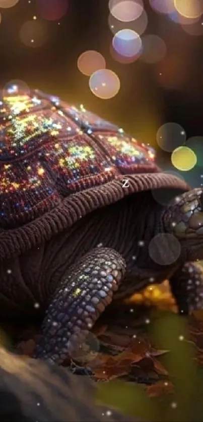 Turtle with glowing shell in a magical forest setting.