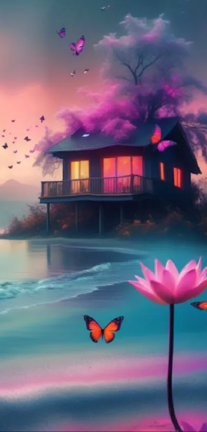 A serene wallpaper with a lakeside cabin, pink lotus, and butterflies at sunset.