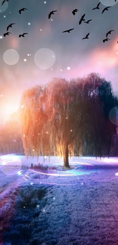 Solitary tree at twilight with glowing orbs and flying birds under a colorful sky.