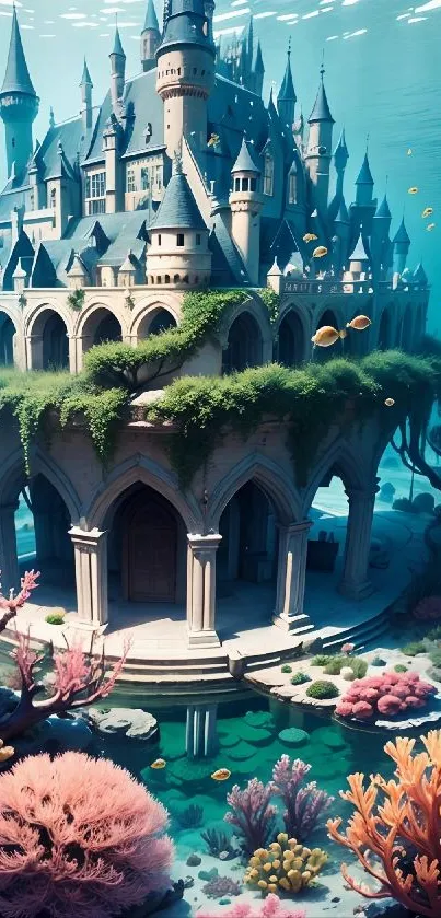Fantasy underwater castle surrounded by coral reefs.