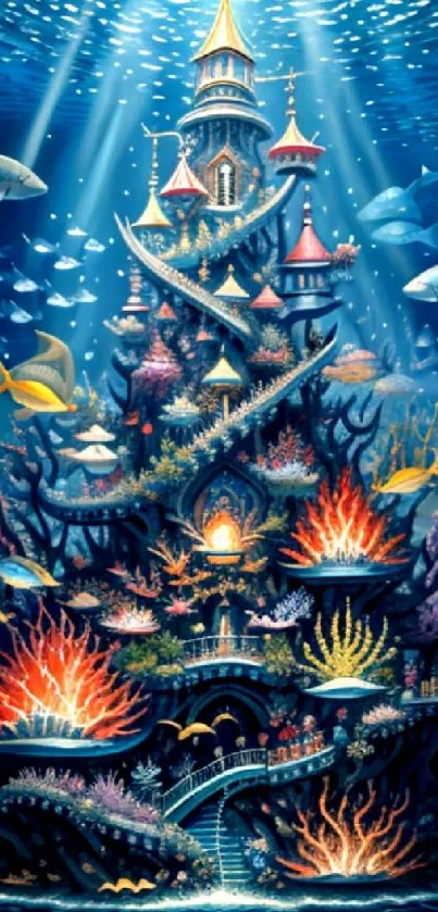 A vibrant underwater castle surrounded by colorful marine creatures and corals.