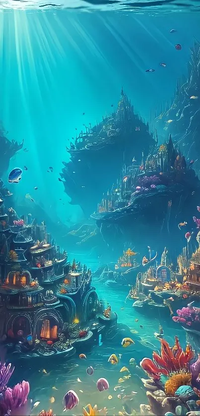 Enchanted underwater city with vibrant marine life and mystical buildings.