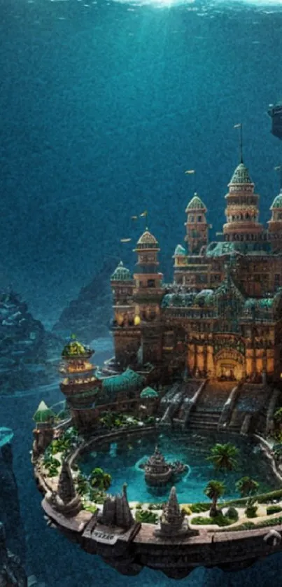 Enchanted underwater castle with teal waters.