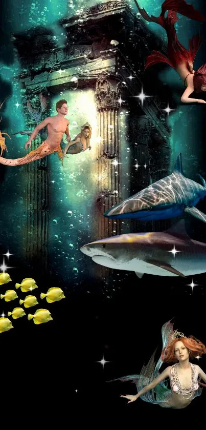 Fantasy underwater wallpaper with mermaids, sharks, and ancient ruins.