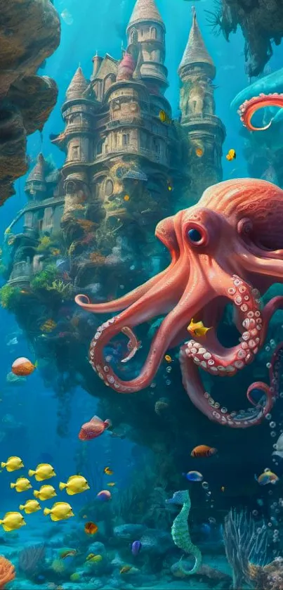 Underwater scene with octopus and castle in a vibrant aquatic setting.