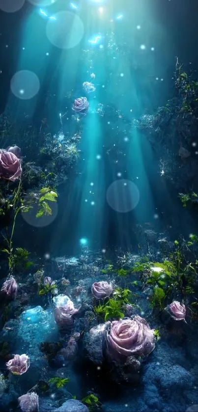 Ethereal underwater roses illuminated by magical light rays.