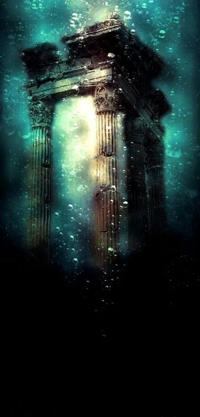 Underwater ancient pillars glimmer in serene, mystical surroundings.