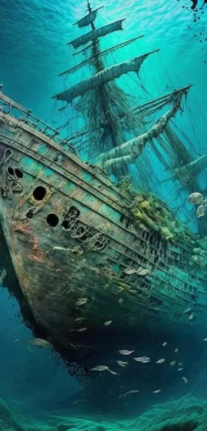 Sunken ship surrounded by fish in underwater teal ocean.