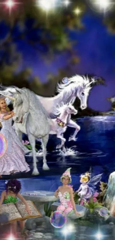 Magical fantasy wallpaper with unicorns and fairies in a mystical forest.