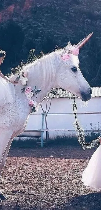 Children with unicorn in a fantasy scene.