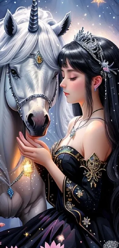 Fantasy wallpaper with a unicorn and woman in a starry forest.