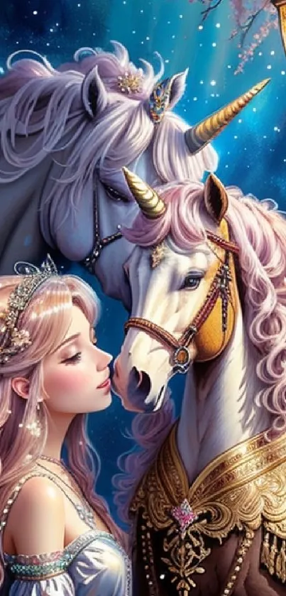 Beautiful fantasy wallpaper with a girl and unicorns under a starlit sky.