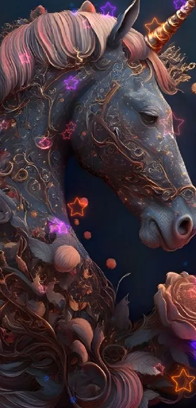 Beautiful unicorn with floral artwork in a fantasy theme, perfect for mobile wallpaper.