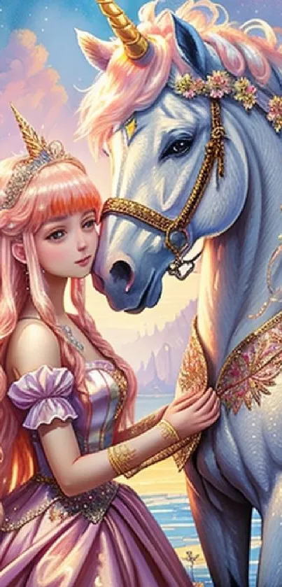 Elegant princess with unicorn in dreamy fantasy world.