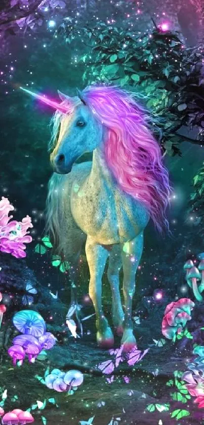 A mystical unicorn in a colorful enchanted forest.