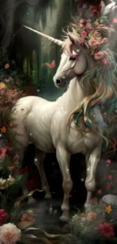 Fantasy unicorn with flowers and butterflies in a dark magical forest.