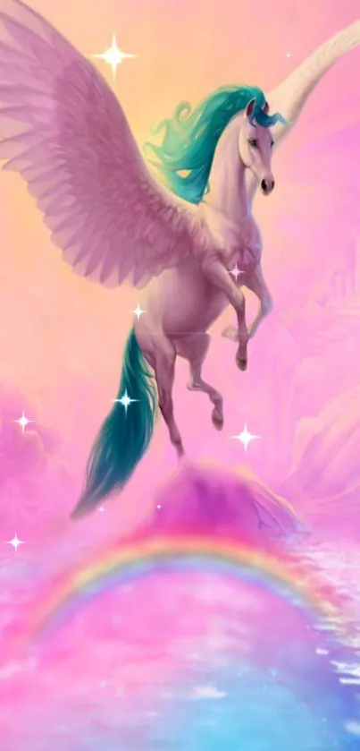 Majestic unicorn flying over a pastel rainbow in a dreamy landscape.