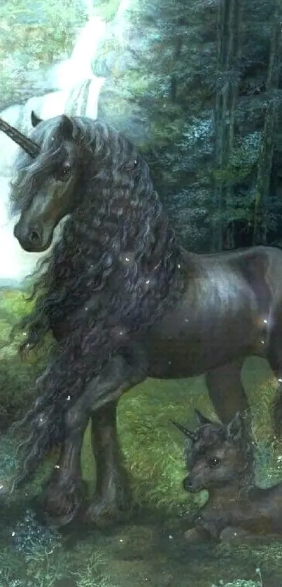 Majestic unicorn in a lush forest with waterfalls, ideal for mobile wallpaper.