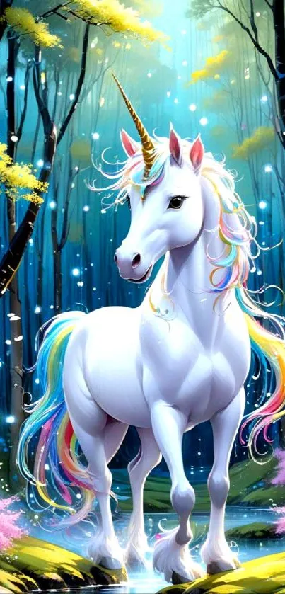 Majestic unicorn in vibrant forest wallpaper.