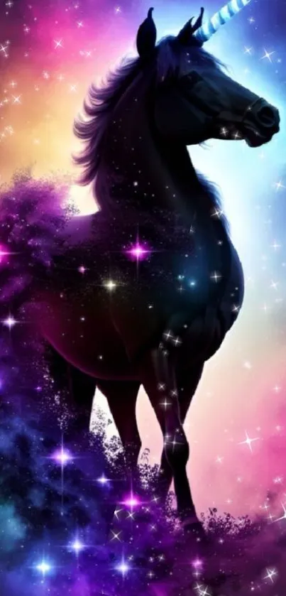 Black unicorn standing in a colorful galaxy with sparkling stars.