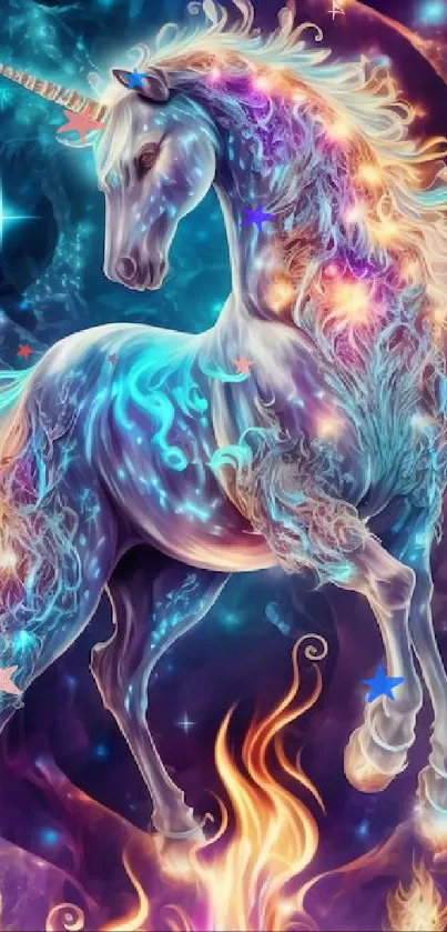 Majestic unicorn in colorful galaxy background, vibrant hues.