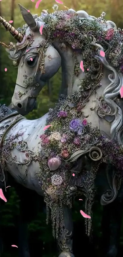 Fantasy unicorn with floral details in a mystical forest.