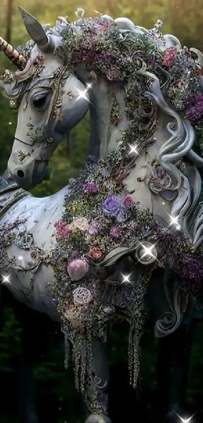 Mystical unicorn adorned with flowers in a serene forest setting.