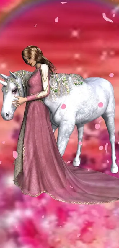 Fantasy wallpaper with unicorn and woman in pink scenery.