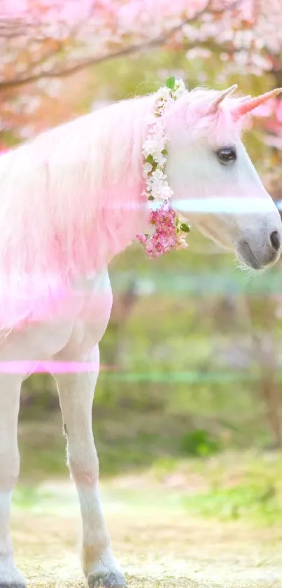 Elegant unicorn with pink mane amidst spring blossoms.