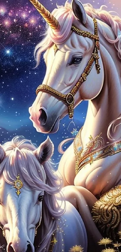 Artistic wallpaper of unicorns under a starry sky with intricate details.