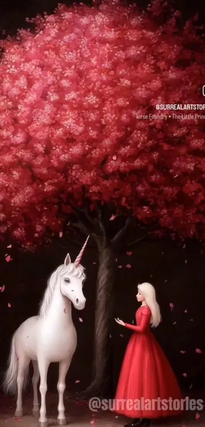 Unicorn and girl under magical cherry tree.