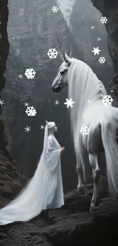 Majestic unicorn in mystical winter scene with snowflakes.