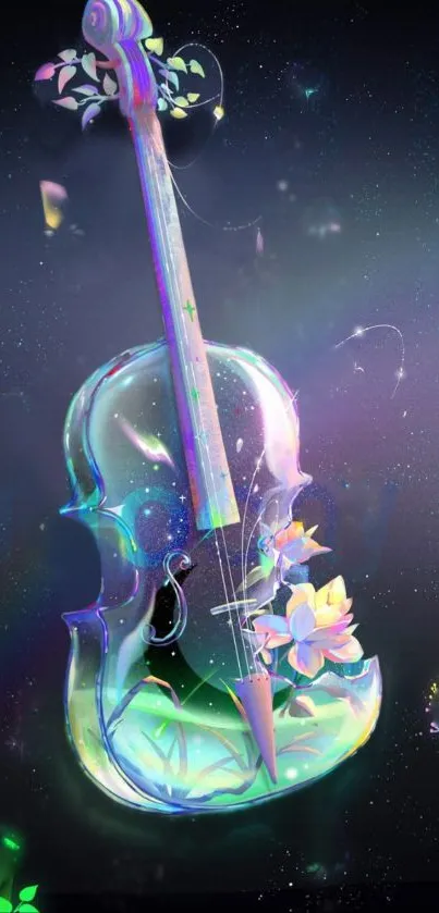 Holographic violin with flowers in galaxy background