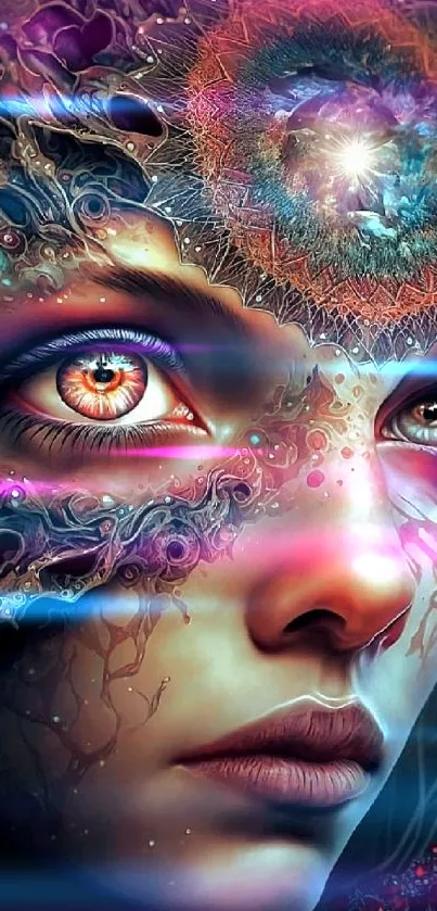 Enchanted surreal female face with cosmic elements in vibrant colors.