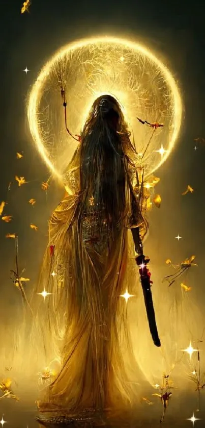 Mystical warrior with golden glow and butterflies, mobile wallpaper.