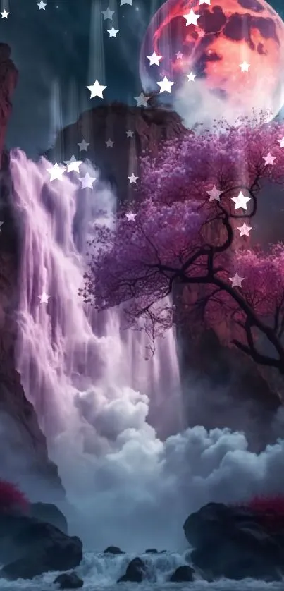 Enchanting pink waterfall and red moon phone wallpaper.