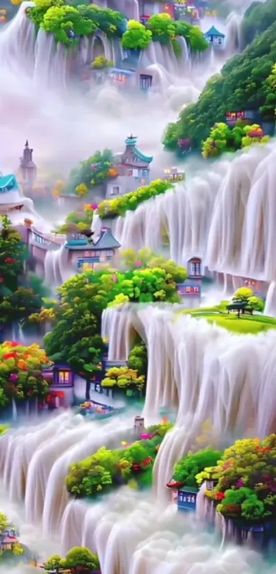 Enchanting waterfall with lush greenery and mystical houses, perfect for tranquility.