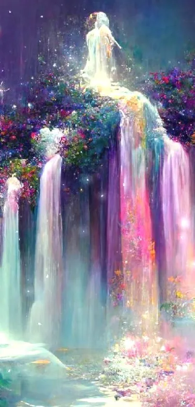 Magical fantasy waterfall with vibrant violet hues.