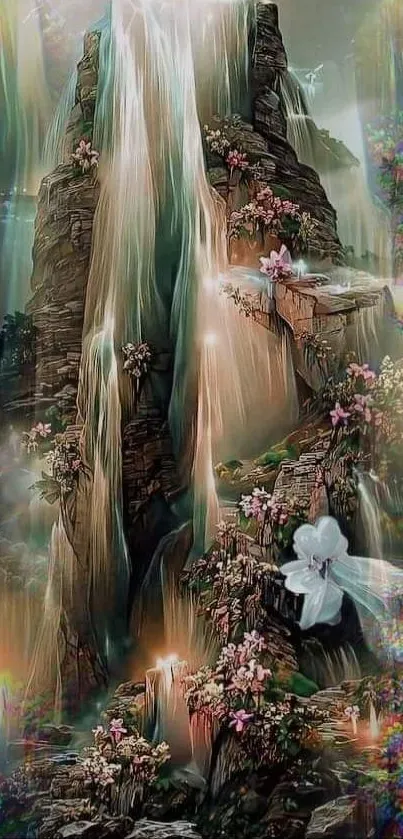 Enchanted waterfall with mystical fairy art.