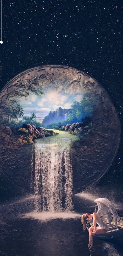 Fantasy art of a celestial portal with a waterfall under a starry sky.