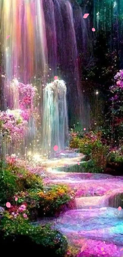 Enchanting fantasy waterfall with vibrant colors and flowers.