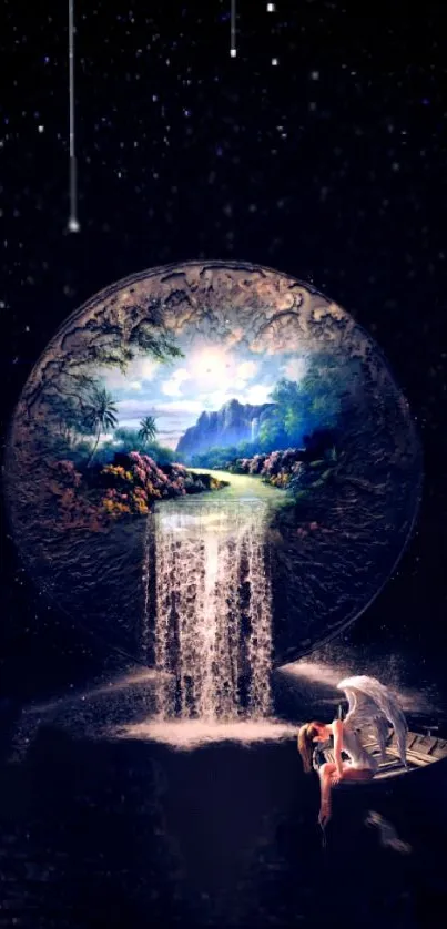 Fantasy art of waterfall and mystical landscape in night scene.