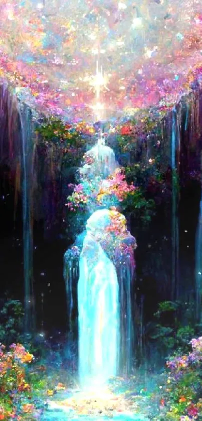 Fantasy waterfall with flowers and shimmering colors in a mystical setting.