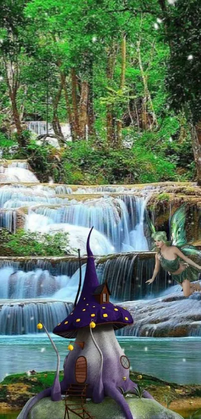 Enchanted scene with a waterfall and fairy.