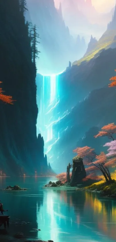 Fantasy landscape with teal waterfall amidst colorful autumn trees.